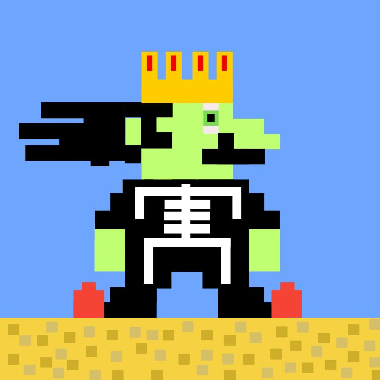 Pixel-art portrait of a crowned green creature with a single eye and a blocky black cannon for an arm, wearing black overalls marked with a white emblem and red boots, standing on yellow sand under a flat blue sky.